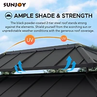 SUNJOY Gazebo à grillades Churchill 8 pi x 12 pi à cadre en cèdre avec port d'alimentation CA exclusif noir