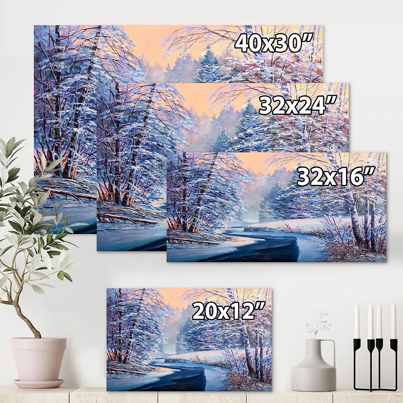 Designart Pastel Christmas Forest With River Canvas Wall Art