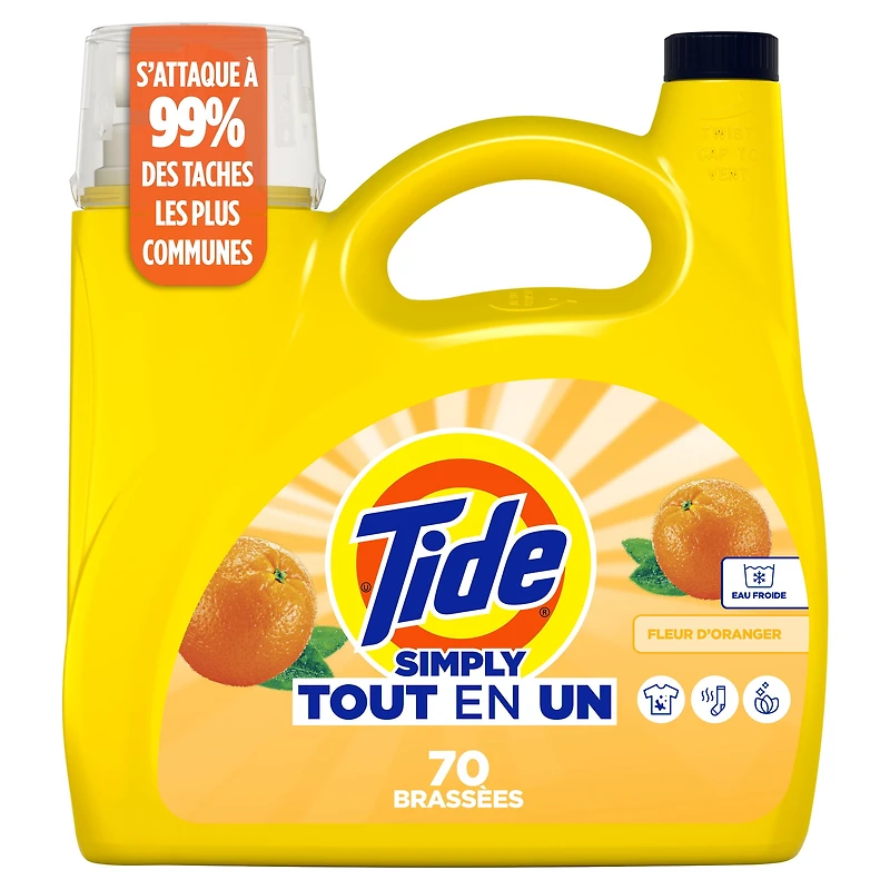 Détergent à lessive liquide Tide Simply Tout-en-un, parfum Fleur d’oranger, 70 brassées, 2,72 L