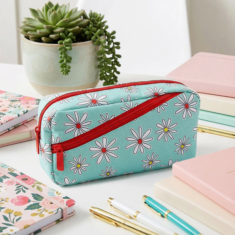 Pen+Gear 2 Zip Daisy Design Pencil Pouch, Mint Polyester, Coral Zips, College, Middle and High School