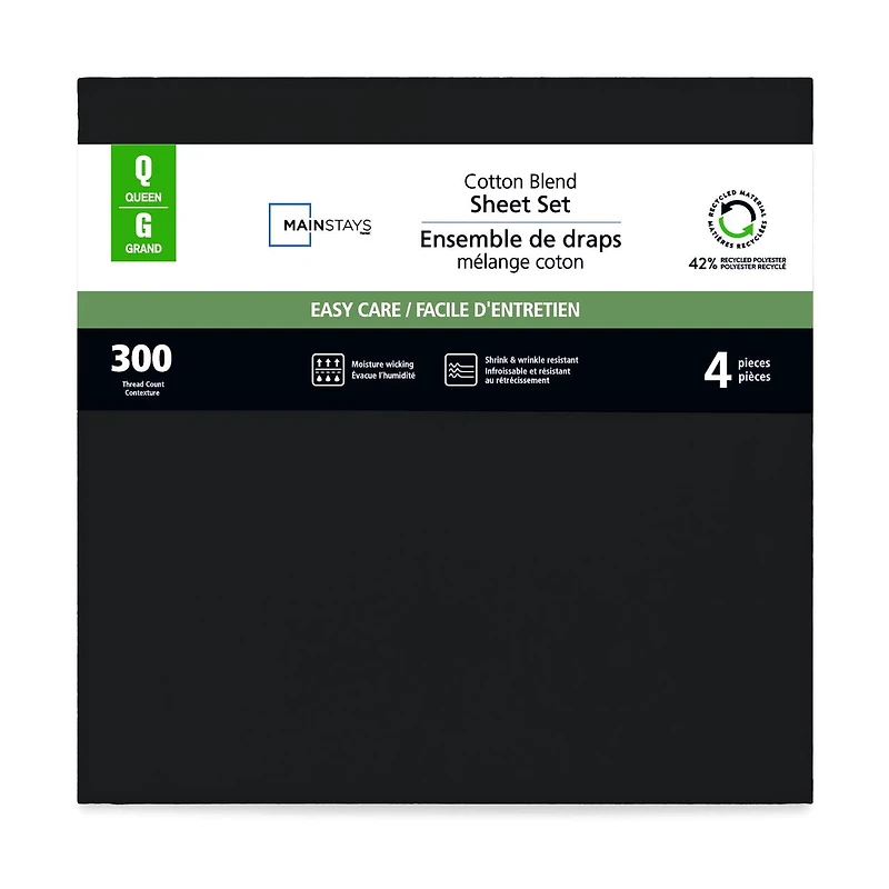 Mainstays 4-Piece 300 Thread Count Black- CVC Cotton Blend Bed Sheet Set, Queen (Adult), Queen Sheet Set