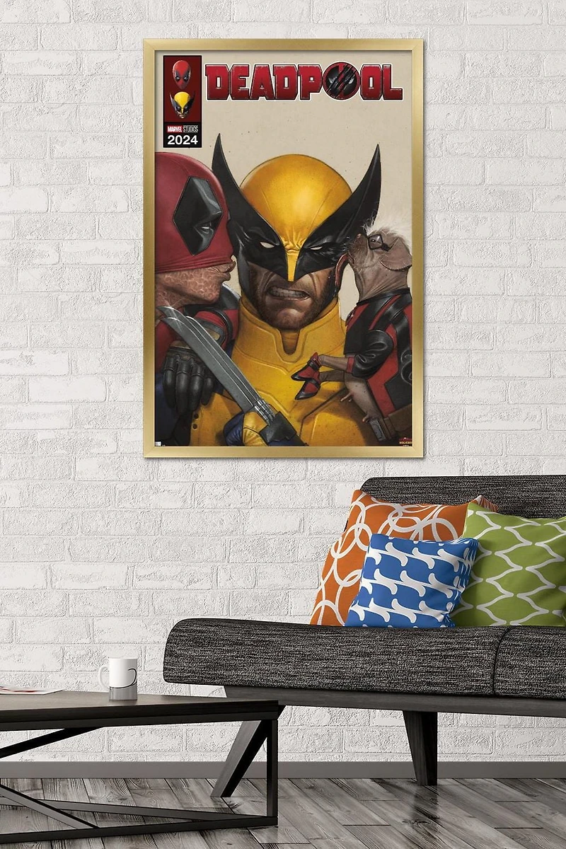 Marvel Deadpool & Wolverine - Homage Cover Wolverine Kisses Wall Poster with Magnetic Frame, 22.375" x 34"