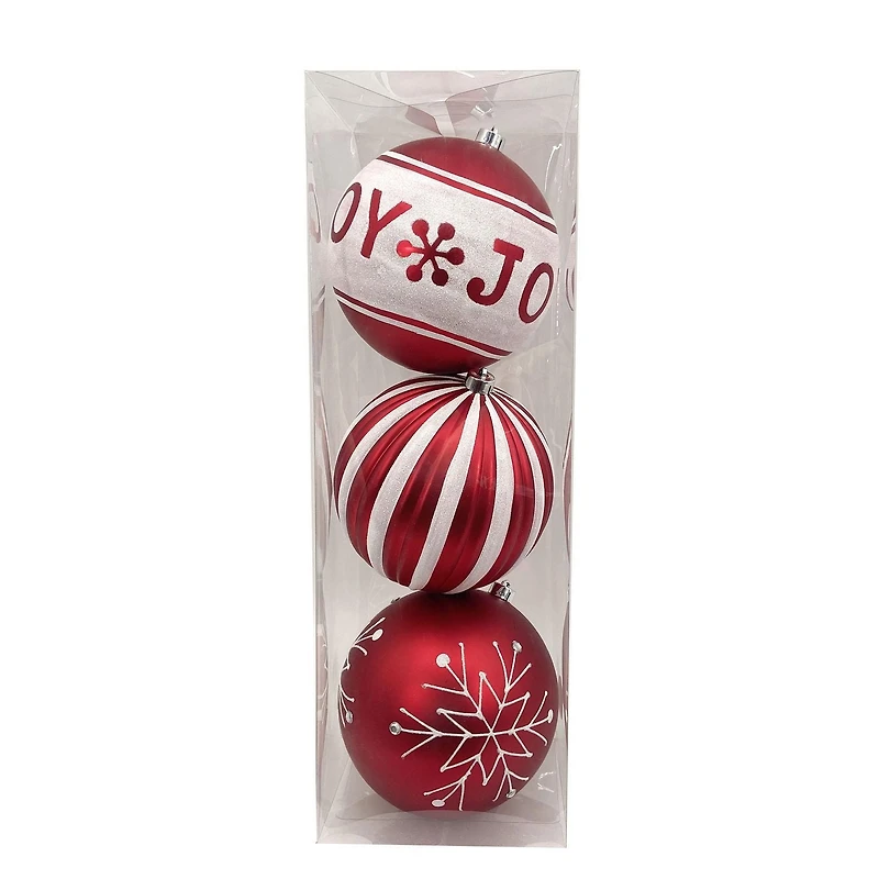 Holiday Time 200 mm Shatterproof Christmas Ornaments, Red & White, 3 Count