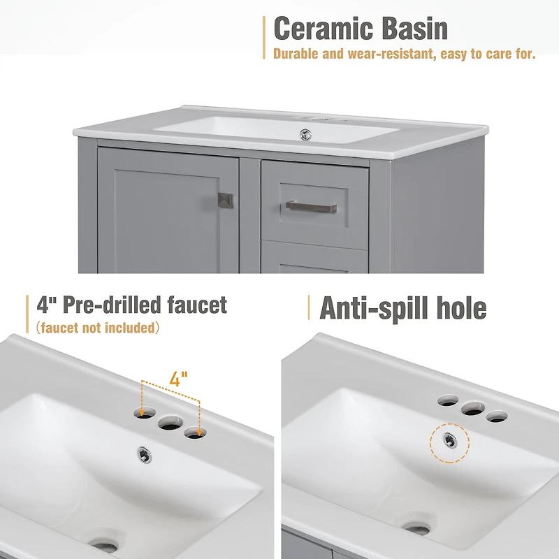 Homy Casa 30 in Modern Charcoal Grey Kitchen Sideboard with Ceramic Sink