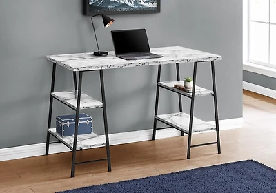 Monarch Specialties Bureau, Bureau À Domicile, Ordinateur Portable, Étagères De Rangement, 48"l, Travail, Métal, Stratifié, Aspect Marbre Blanc, Noir, Contemporain, Moderne