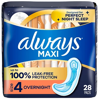 Always Maxi Overnight Pads without Wings for Women, Size 4, Overnight Absorbency, Unscented, 28 Count