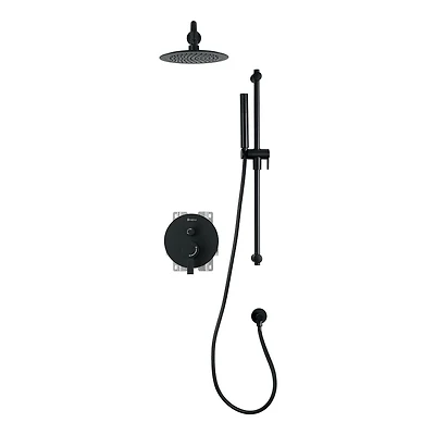 Robinet de douche noir mat à pression équilibrée à inverseur 3 voies rond d'akuaplus®, douchette à main sur mât, tête de douche