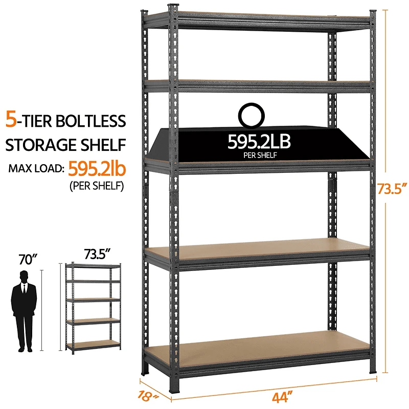 Fullfurnique 73.5″ Height 5 Tiers Adjustable Boltless Storage Shelf, Black