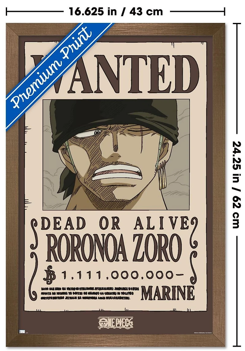 One Piece - Roronoa Zoro Wanted Poster Wall Poster, 14.725" x 22.375" Framed