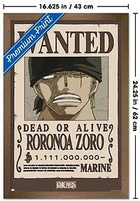 One Piece - Roronoa Zoro Wanted Poster Wall Poster, 14.725" x 22.375" Framed