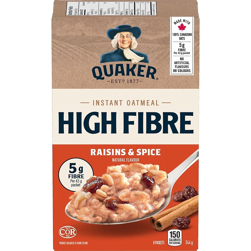 Quaker Gruau instantané Teneur élevée en fibres Raisins secs et épices 344 g.