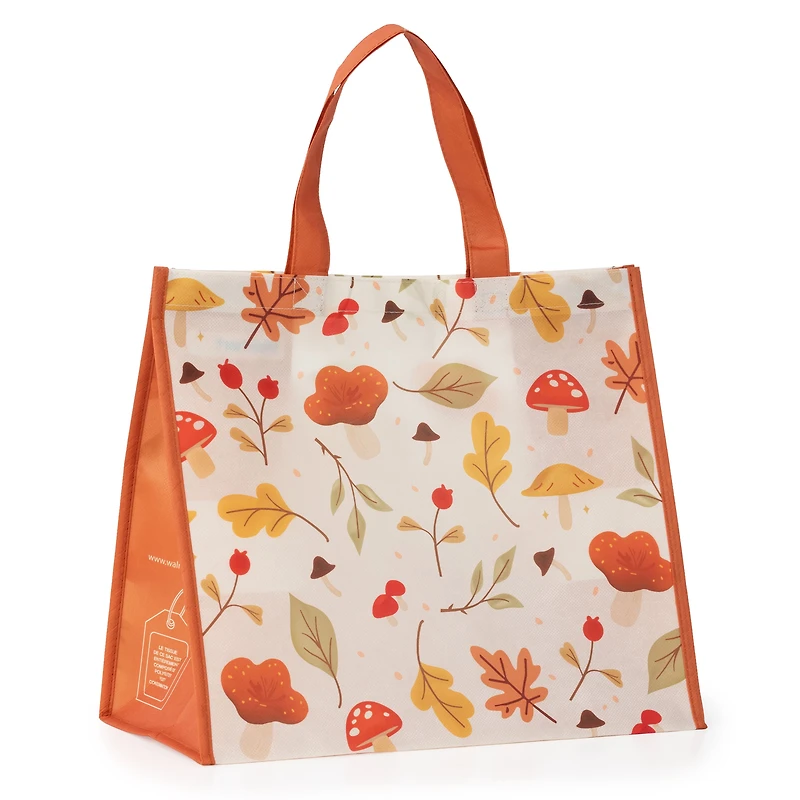 Reusable Shopping Grocery Bag, Seasonal Fall Tote Bag with Bottle Holder, Orange