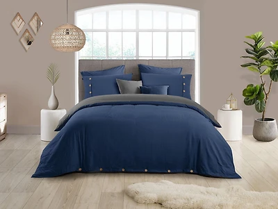 Ensemble de housse de couette réversible en tissu froissé naturel ultra doux - Fermeture à boutons élégante