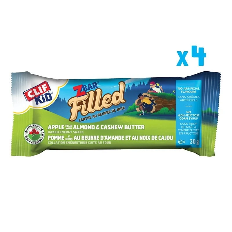 Clif Kid Zbar Centre au Beurre de Noix Pomme et centre au beurre d’amande et de noix de cajou Barre énergétique biologique 4x30g