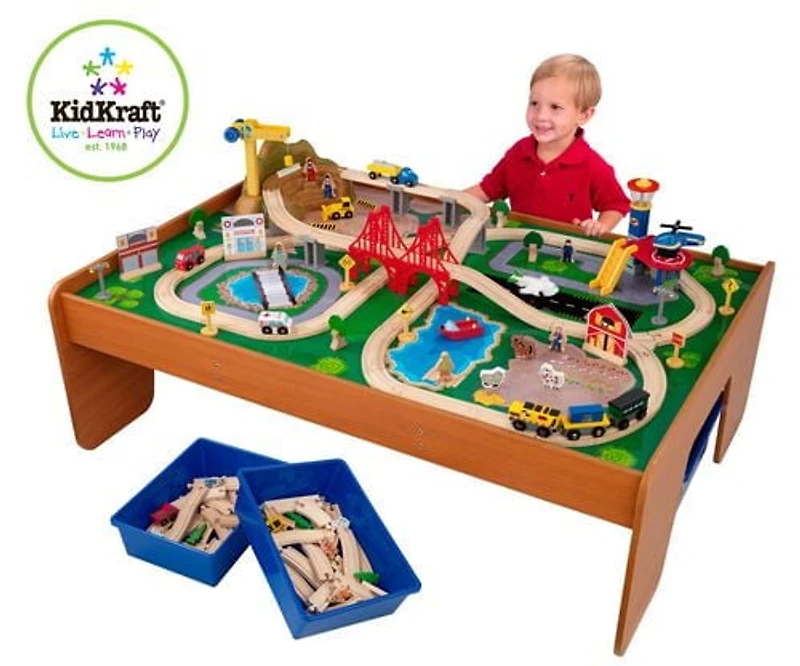 KidKraft Ride Around Town Wooden Train Set and Table with Storage Bins and 100 Pieces, Honey
