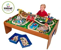 KidKraft Ride Around Town Wooden Train Set and Table with Storage Bins and 100 Pieces, Honey