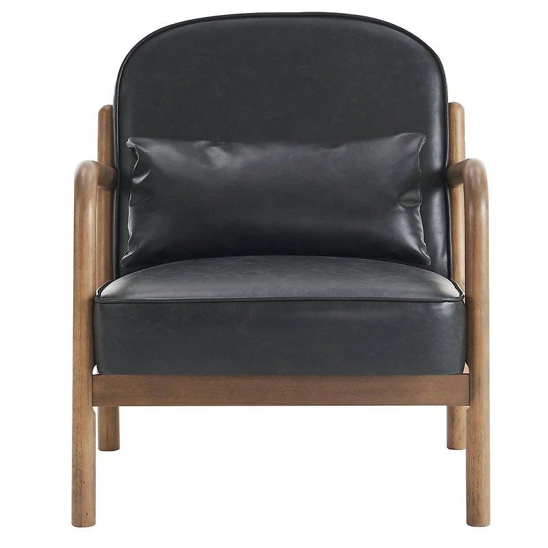 Milieu du siècle moderne Similicuir et Bois Massif Fauteuil, Similicuir - Noir et Noyer