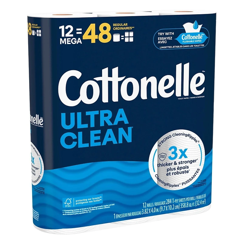Papier hygiénique Cottonelle Ultra Clean,12 méga rouleaux, 284 feuilles par rouleau