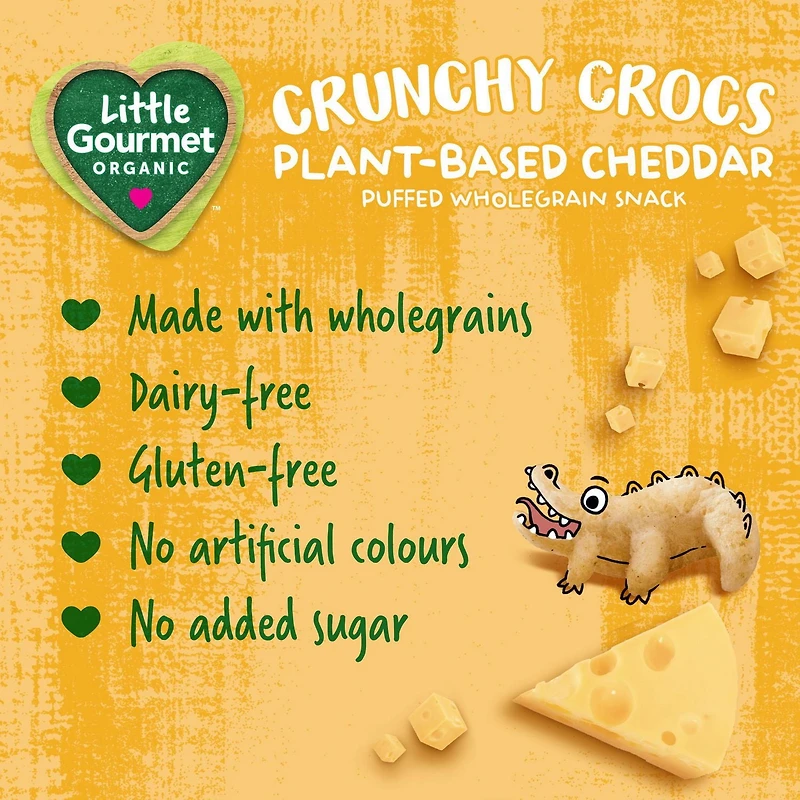 Collation biologique pour tous-petits biologique Little Gourmet Crunchy Crocs au cheddar végétal Collations soufflées aux céréales complètes