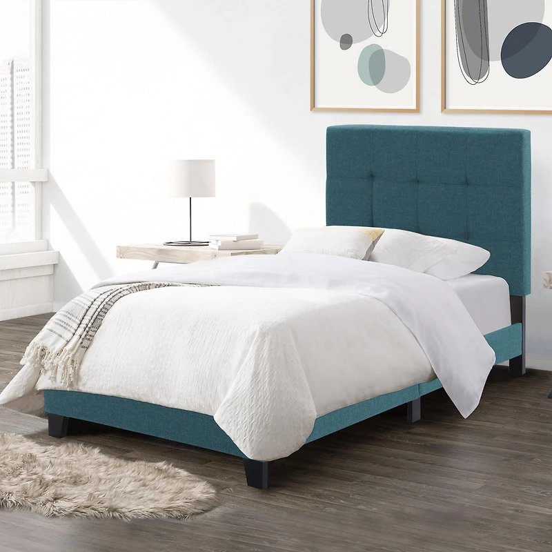 Cadre de lit double pour adulte CorLiving Ellery, rembourré en tissu, avec lattes et tête de lit capitonnée – Aucun sommier requis