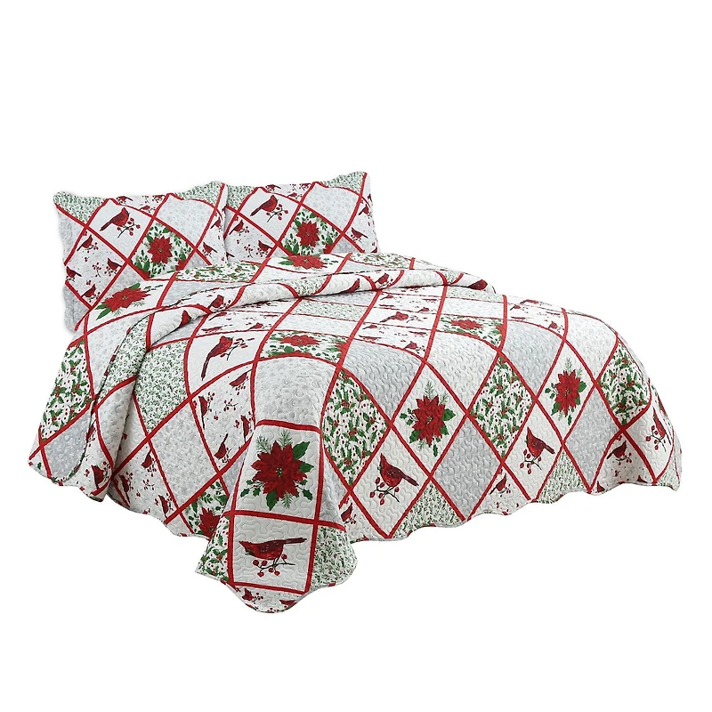Marina Decoration Rich Printed Embossed Pinsonic Coverlet Bedspread Ultra Soft Bedding Summer Christmas Quilt Set with Shams, Xmas Red Cardinal Poinsettia Pattern
