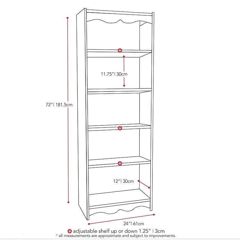 CorLiving Hawthorne Engineered Wood 5 Shelf Adult Bookcase with 4 Adjustable Shelves