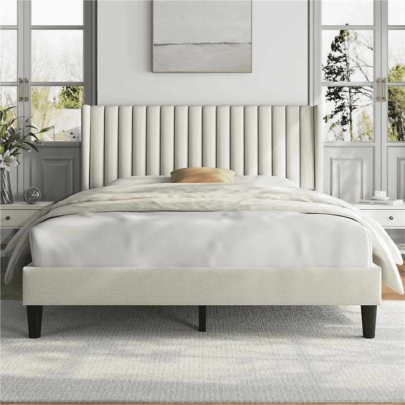 Fullfurnique Upholstered Bed Frame with Wing Side and Channel Headboard, King, Ivory