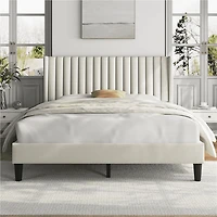 Fullfurnique Upholstered Bed Frame with Wing Side and Channel Headboard, King, Ivory