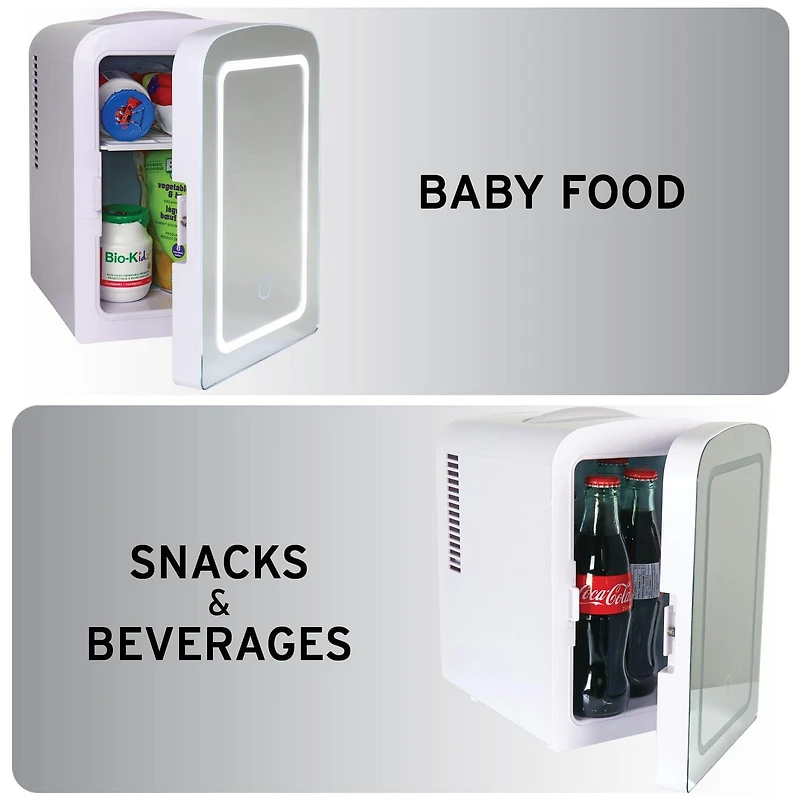 Koolatron Mirrored LED Cooler/Fridge, 4L (4.2 Quarts) for Cosmetics, Beverages, Food, or Medicines