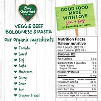 Plat préparé biologique bœuf à la bolognaise aux légumes et pâtes de Baby Gourmet Purée - 128 mL