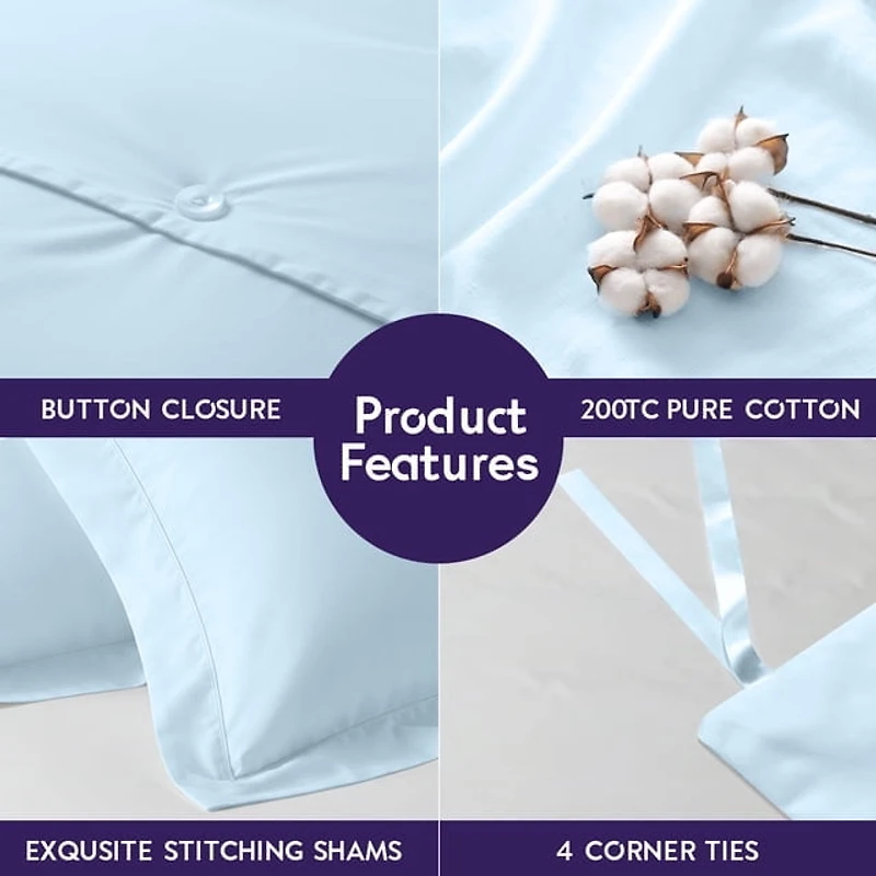 Beddora 3 Piece Duvet Cover Set, 100% Cotton Breathable Bedding Set, Soft Comforter Cover with 2 Pillow Shams, king - light blue