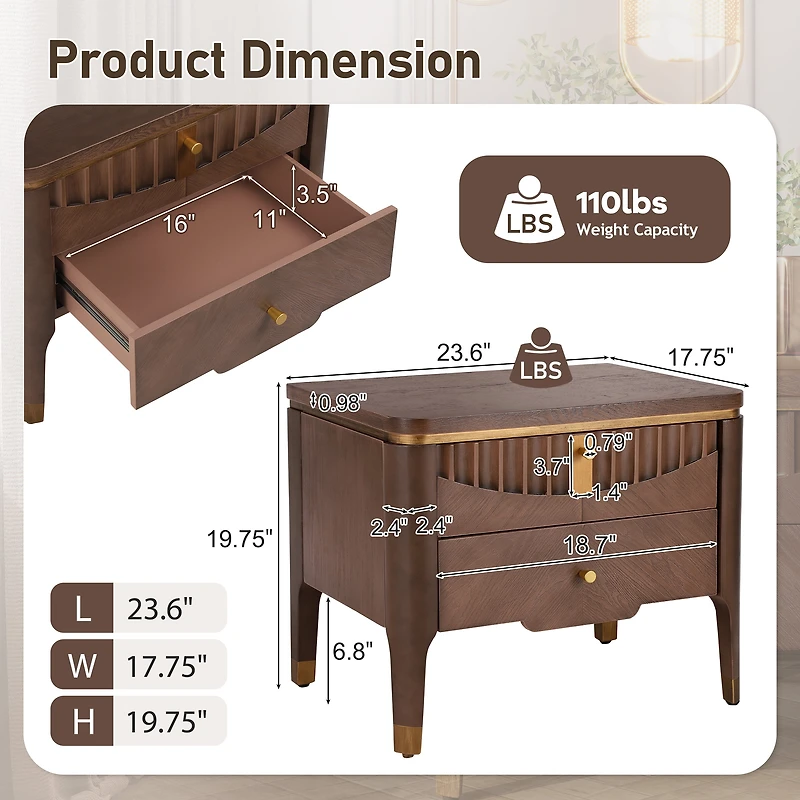 Noble House Table de Chevet Moderne avec 2 Tiroirs, Table de Chevet Design Vague avec Poignées en Métal, Brun Foncé
