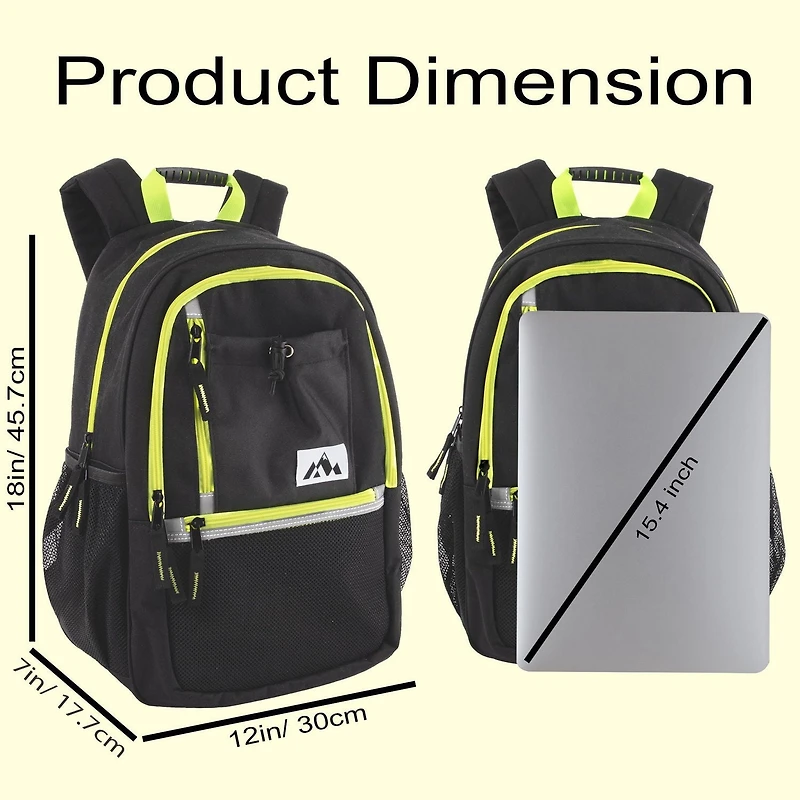 Trail Maker Multi-Pocket Backpack with Front Mesh Zipper Pocket, Side Mesh Pockets, Padded Laptop Pocket, Rubber Grip Handle & Reflective Trim for Travel, Commute, School & Gym in Black & Neon Green
