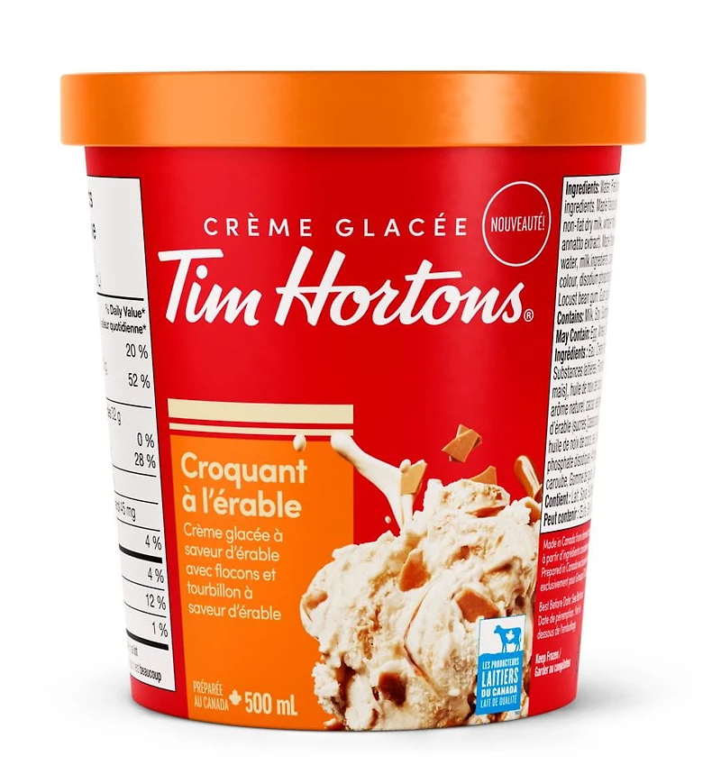 TIM HORTONS MAPLE CRUNCH ICE CREAM 500ML, Indulge in the perfect fusion of creamy & smooth ice cream, meticulously crafted to capture the essence of your favourite bakery delights. Toasted marshmallow Maple flavoured flakes & ripple 100% Canadian dairy Produced In Tillsonburg, ON