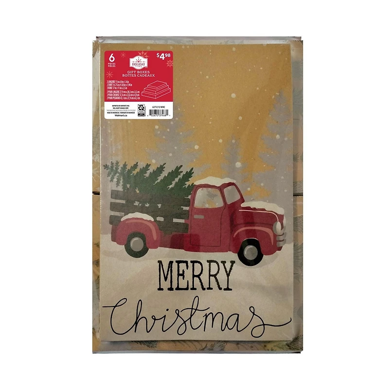 Boîtes-cadeaux Holiday Time pliantes imprimées de Noël en carton kraft, 3 tailles assorties, 6 boîtes, de Holiday Time 6 boîtes-cadeaux de Noël en carton kraft imprimées