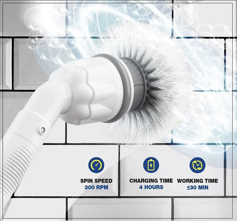 Bell + Howell Scrubtastic – Brosse Électrique Rechargeable avec Manche Télescopique et 3 Têtes de Brosse pour le Nettoyage de la Salle de Bain, des Carreaux et de la Cuisine – Sans Fil, 300 T/M