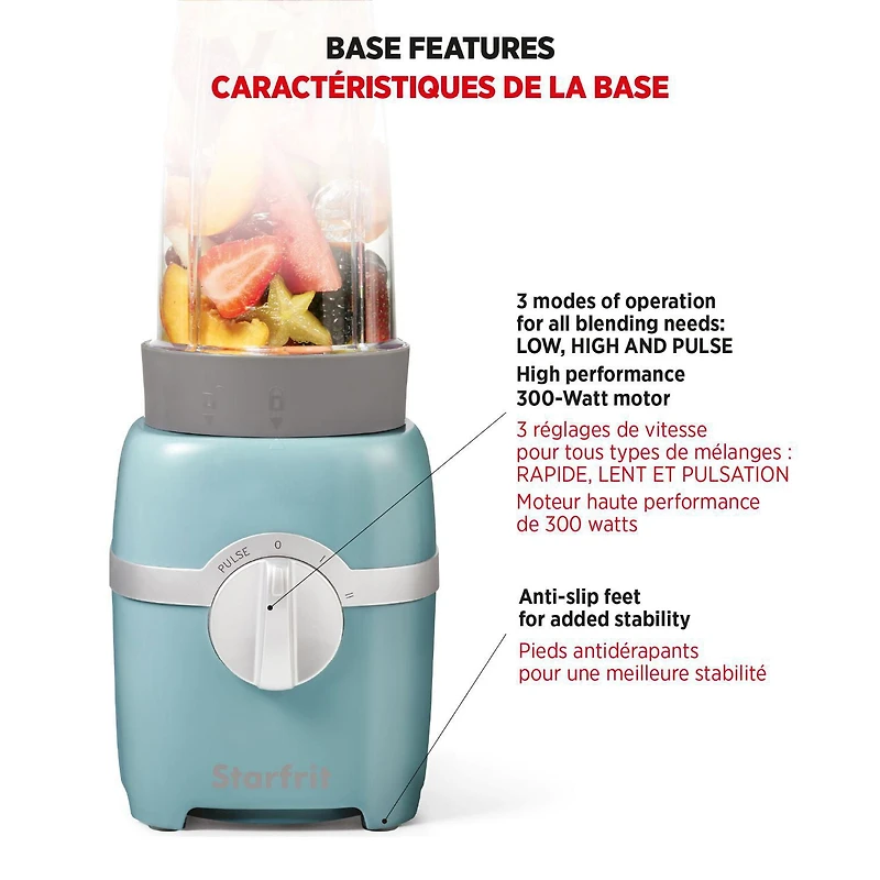 Starfrit Personal Blender - Two 828ml Cups - Two Blades - High, Low & Pulse Modes - 300W - Eucalyptus, Blender