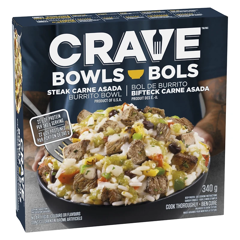 CRAVE Steak Carne Asada Burrito Bowl, 340 g Box, CRAVE CARNE ASADA BURRITO BOWL