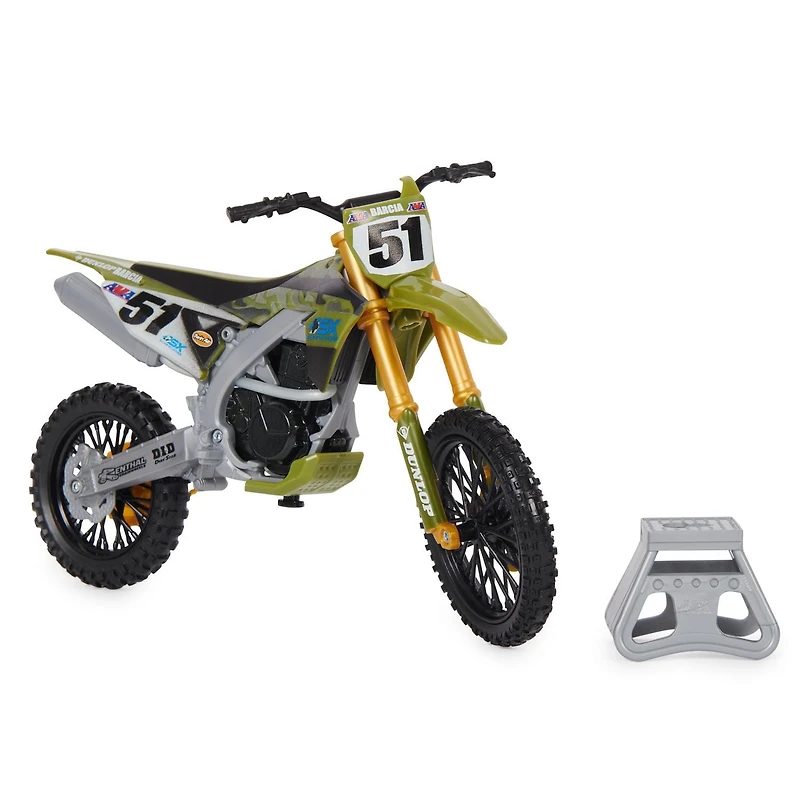 Supercross, Réplique de moto authentique de Justin Barcia en métal moulé à collectionner à l'échelle 1:10 avec support, pour les enfants et les collectionneurs à partir de 5 ans