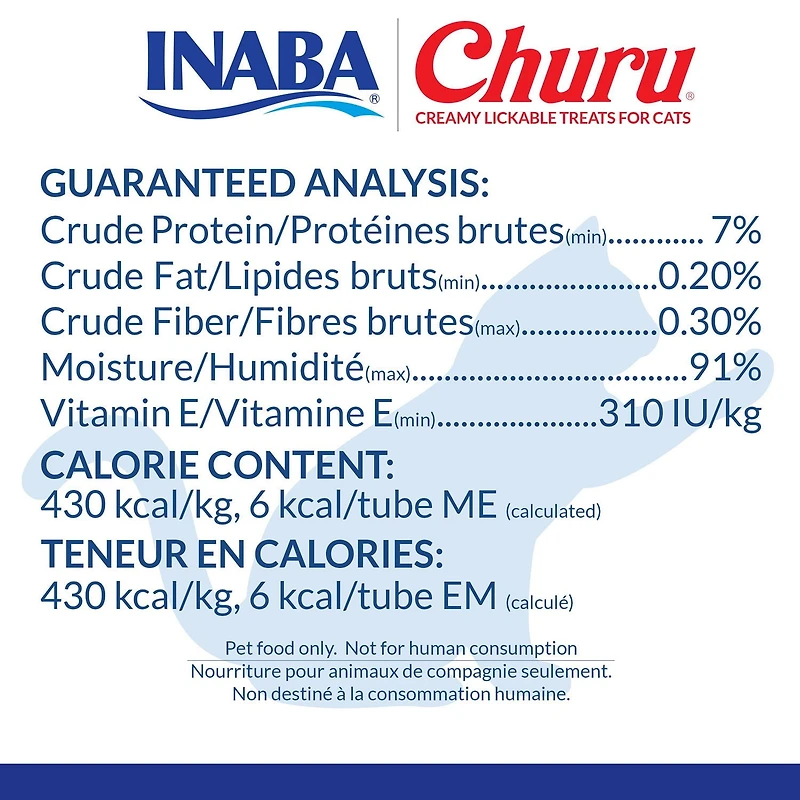 INABA Churu Cat Treats, Grain-Free Lickable Creamy Purée with Vitamin E - Tuna Recipe, 4 tubes 56g (4x14g)