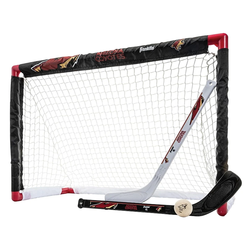 Franklin Sports Ensemble de mini hockey Coyotes de la NHL – But de hockey intérieur pour enfants, ballon, 2 mini bâtons de hockey