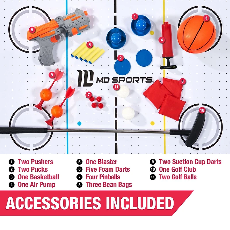 48 in. Combo Game Table, Air Hockey, Basketball, Bag Toss, Darts, Pinball Soccer, Target Shooting, Mini Golf, Multi Game Table by MD Sports