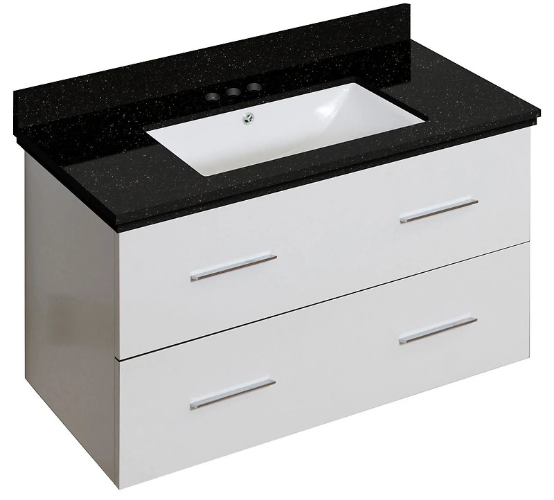 American Imaginations 23.75-in. W Floor Mount White Vanity Set For 1 Hole Drilling Black Galaxy Top Biscuit UM Sink AI-18686
