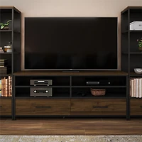 Ameriwood Home Structure TV Stand for TVs up to 60", Sterling Oak Wood Veneer with Black Metal and Black Glass