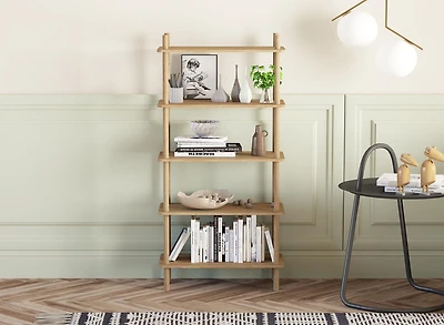 Étagère bibliothèque à 5 niveaux avec effet bois - Bibliothèque ouverte moderne, meuble de rangement autoportant, présentoir multifonctionnel pour la maison et le bureau, effet chêne, rectangulaire.