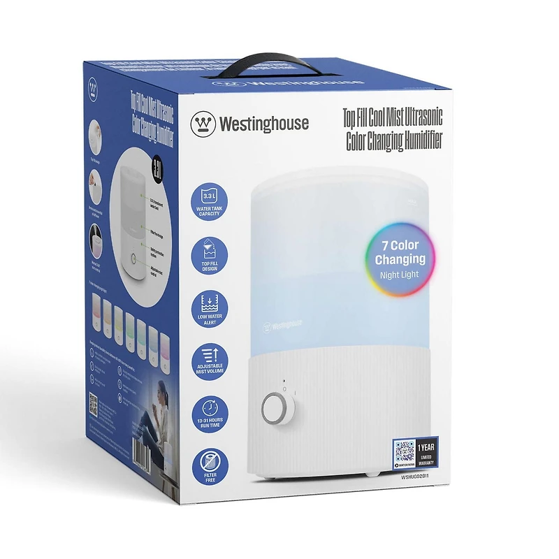 Westinghouse Top Fill Ultrasonic Cool Mist Humidifier, 3.3L, Filter Free, 7 Color Changing