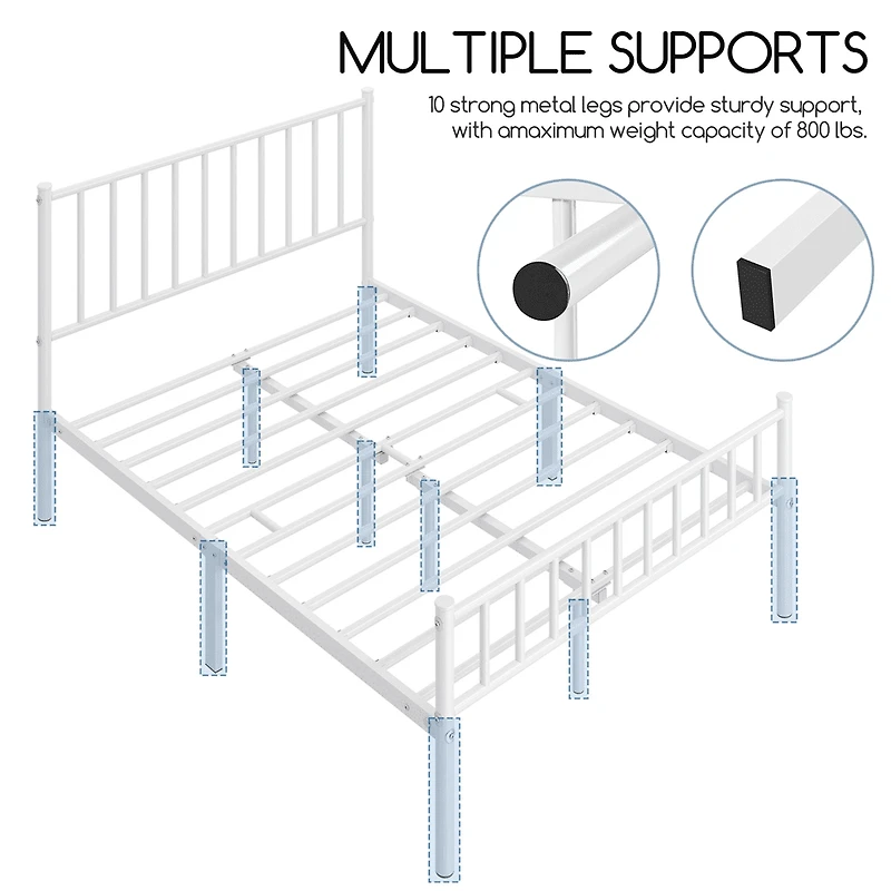 Fullfurnique Minimalist Metal Bed Frame with Vertical Bar Headboard and Footboard, Queen, White