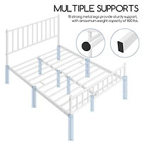 Fullfurnique Minimalist Metal Bed Frame with Vertical Bar Headboard and Footboard, Queen, White