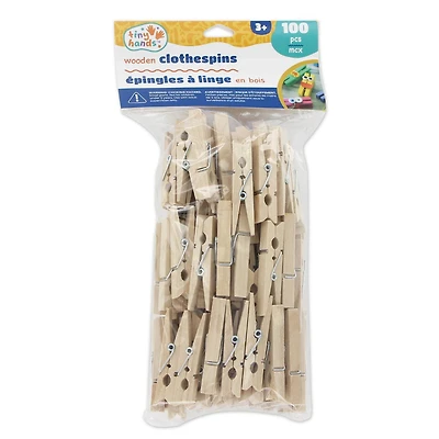 TINY HANDS Wooden Clothespins, 100 pcs — 47.6 × 6.35 × 9.5 mm, Age 3+, WOODCTHPIN 1IN 100PC