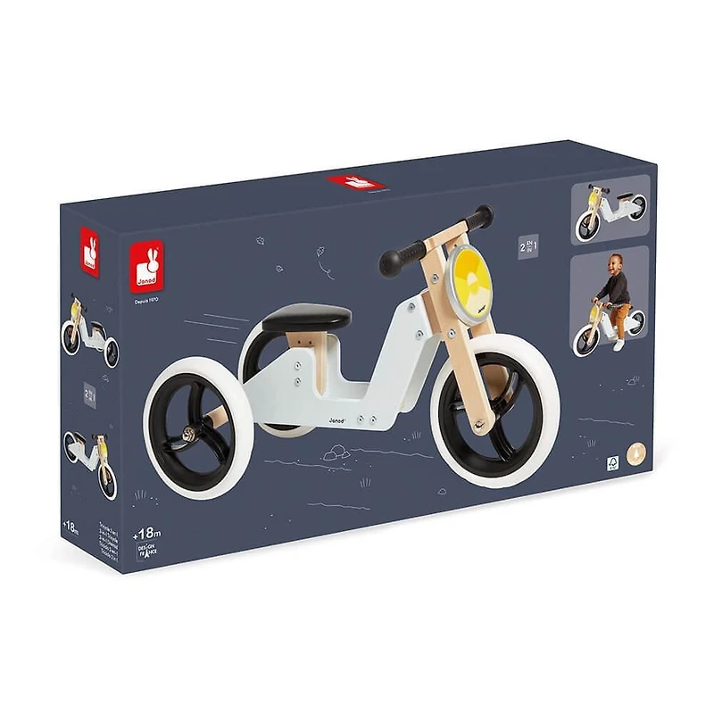 Janod - Tricycle 2 en 1 - Vélo Rétro Naturel - Jouet Développeur de Compétences Motrices - Pour Bébés et Tout-Petits - Dès 18 Mois - 332808